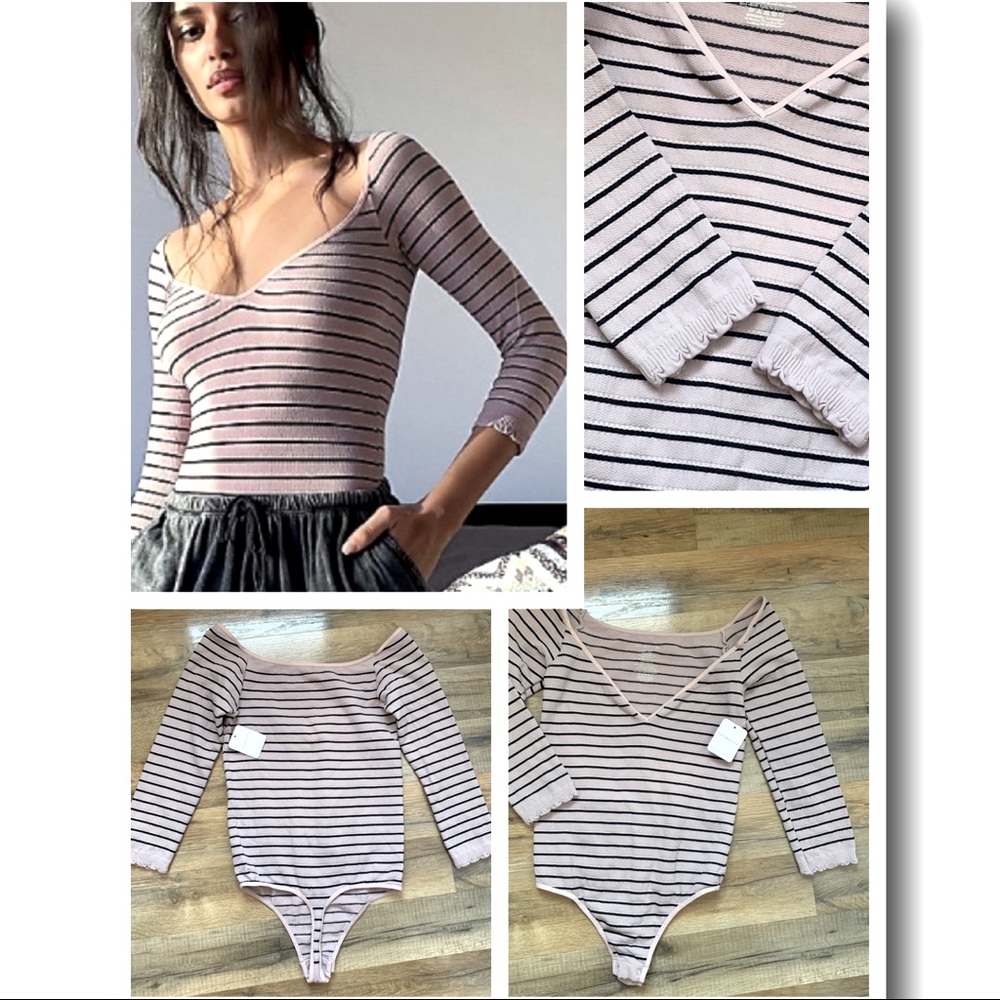 Free People Pink and Black Striped Ribbed Long Sleeve Bodysuit